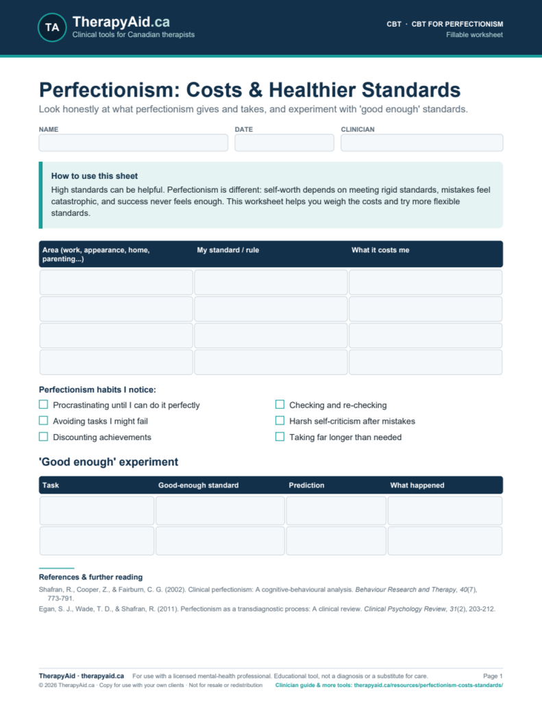 Preview of the Perfectionism: Costs & Healthier Standards worksheet
