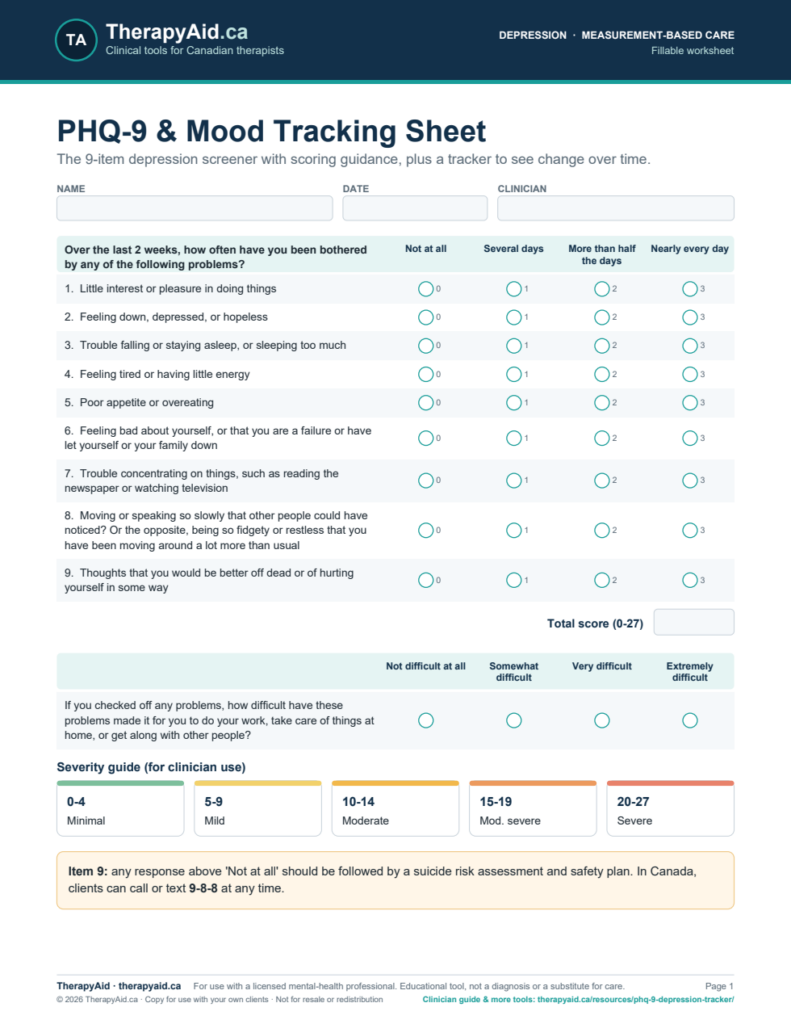 Preview of the PHQ-9 & Mood Tracking Sheet worksheet