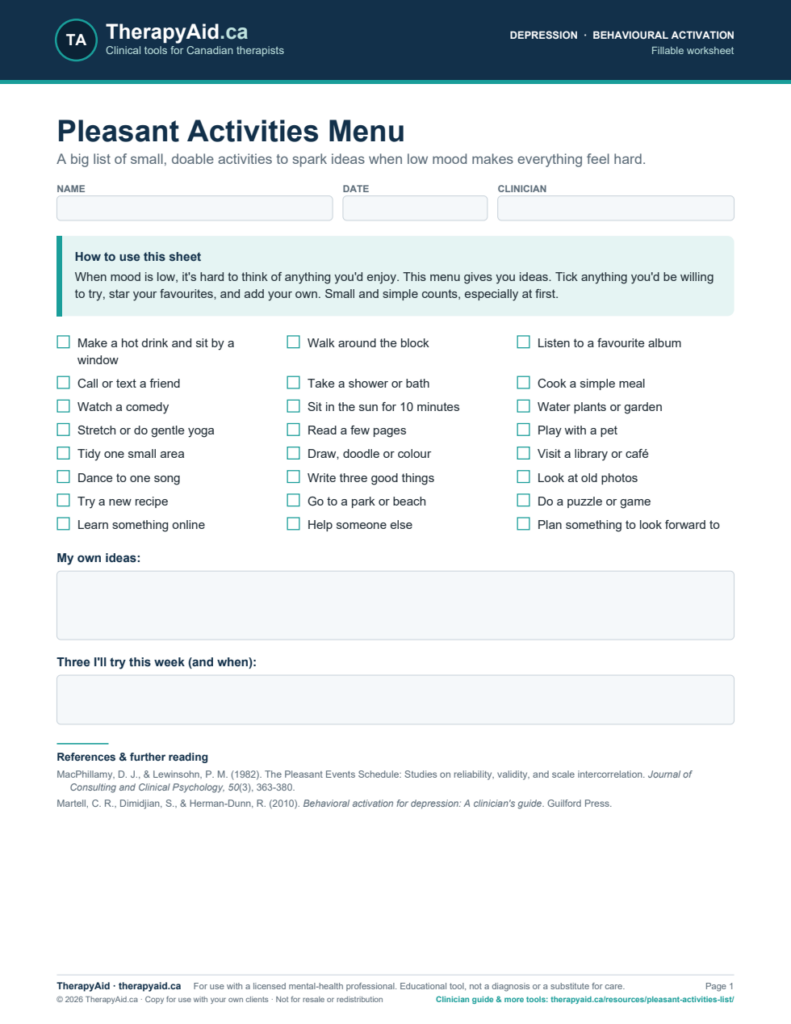 Preview of the Pleasant Activities Menu worksheet