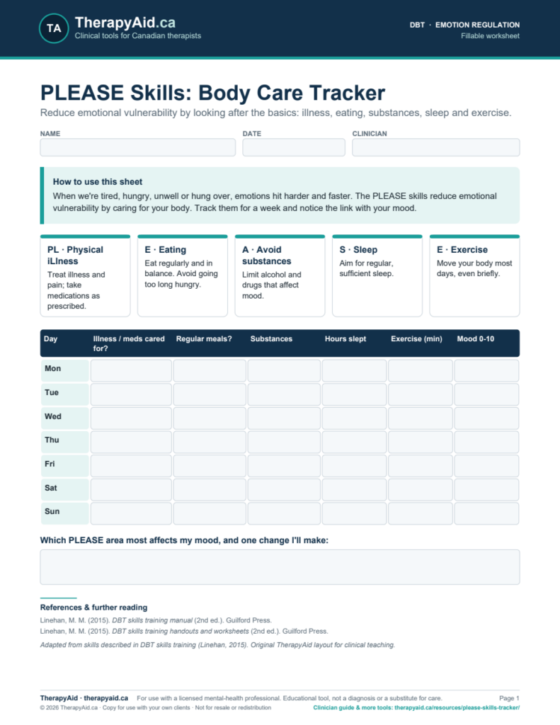Preview of the PLEASE Skills: Body Care Tracker worksheet