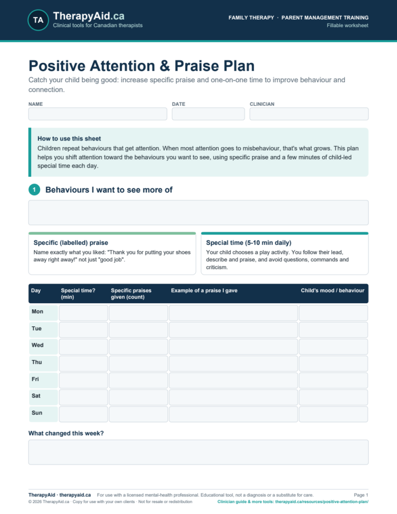 Preview of the Positive Attention & Praise Plan worksheet