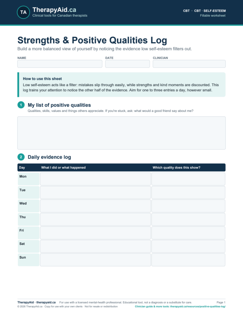 Preview of the Strengths & Positive Qualities Log worksheet