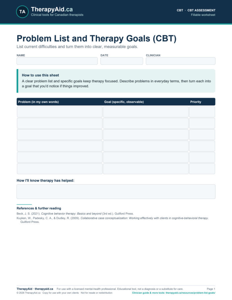 Preview of the Problem List and Therapy Goals (CBT) worksheet