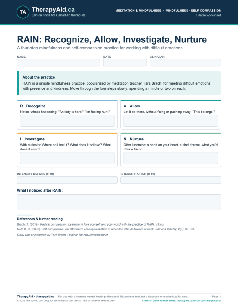 Preview of the RAIN: Recognize, Allow, Investigate, Nurture worksheet