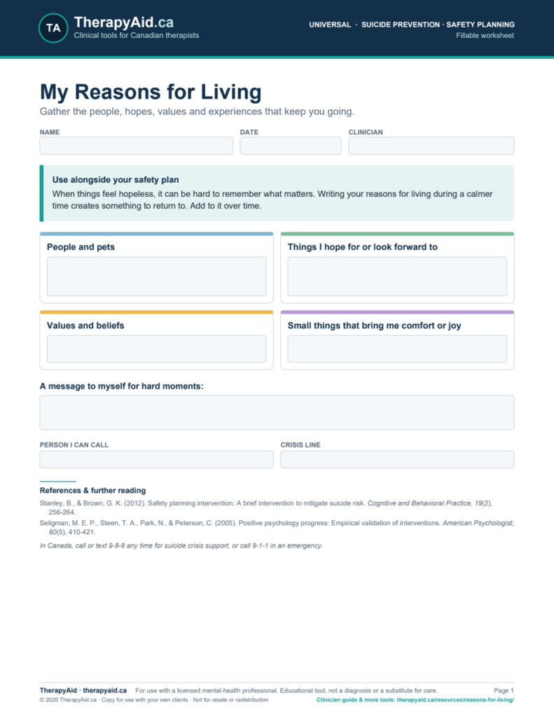 Preview of the My Reasons for Living worksheet