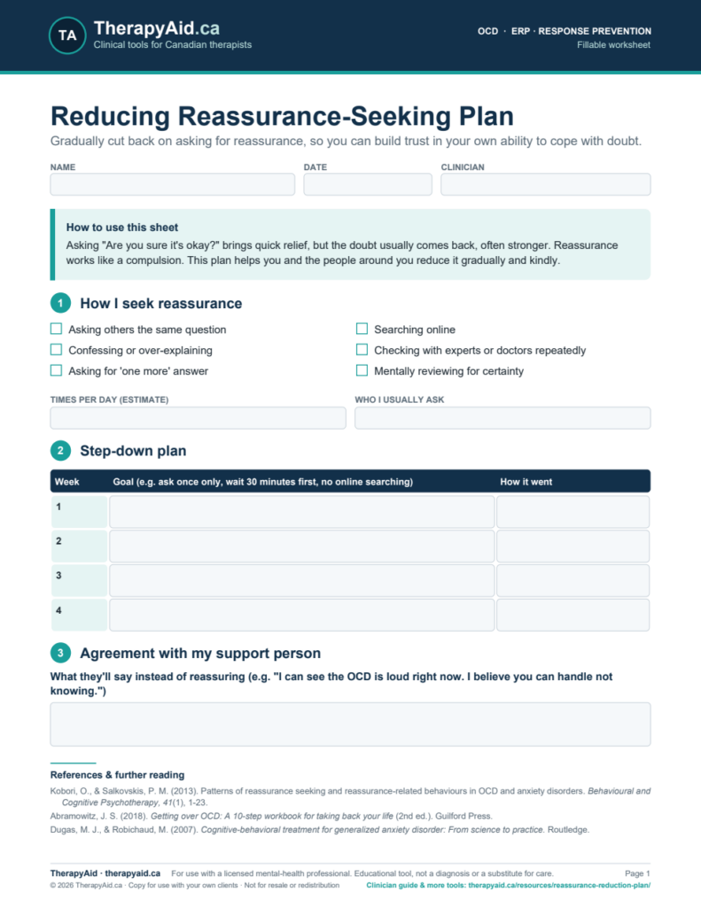 Preview of the Reducing Reassurance-Seeking Plan worksheet