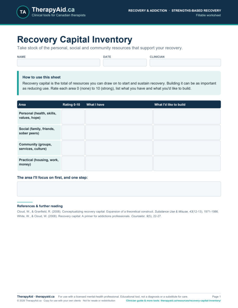 Preview of the Recovery Capital Inventory worksheet