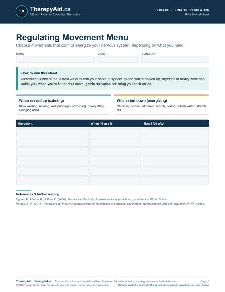 Preview of the Regulating Movement Menu worksheet