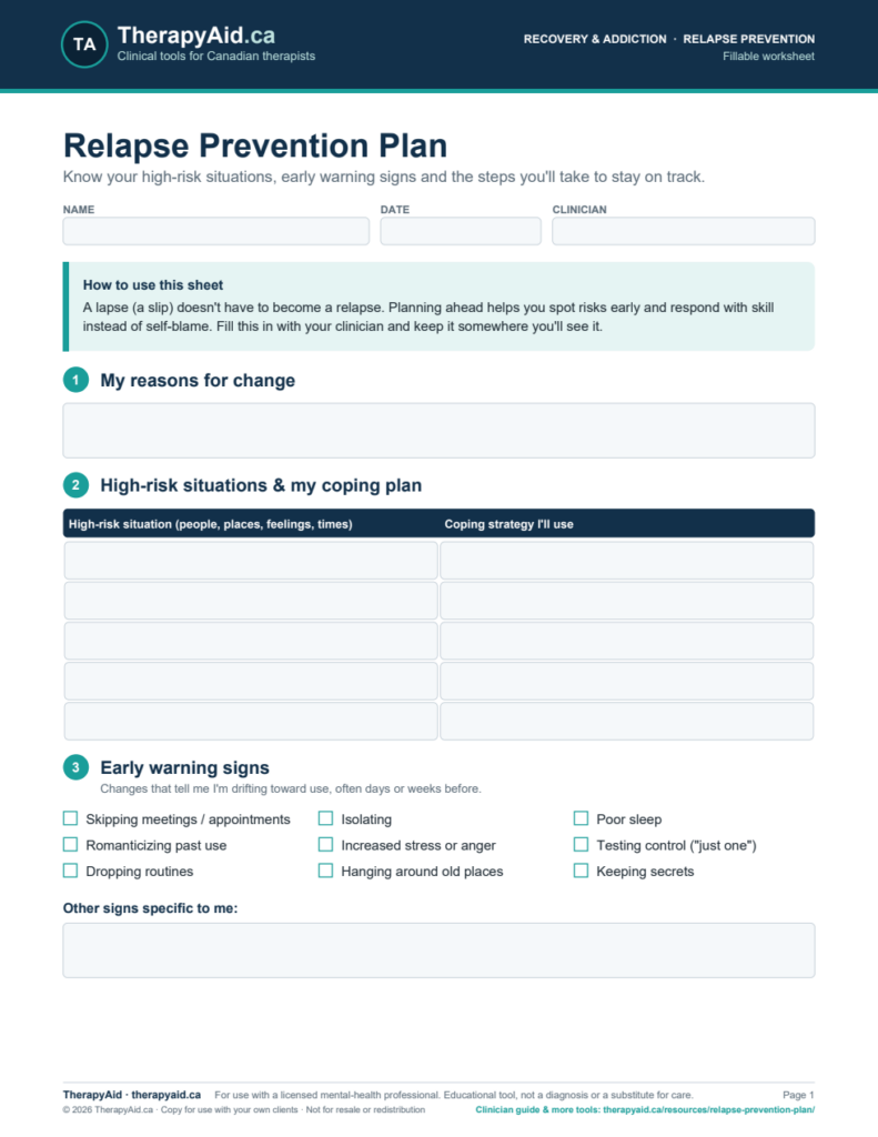 Preview of the Relapse Prevention Plan worksheet