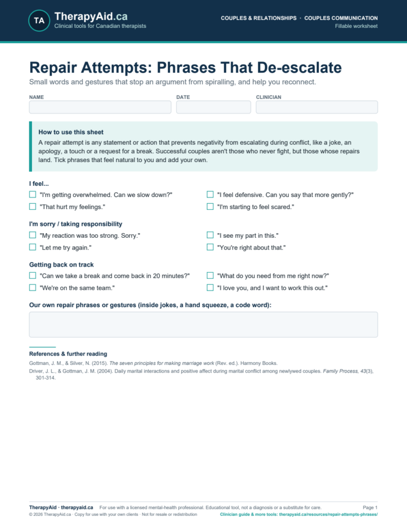 Preview of the Repair Attempts: Phrases That De-escalate worksheet