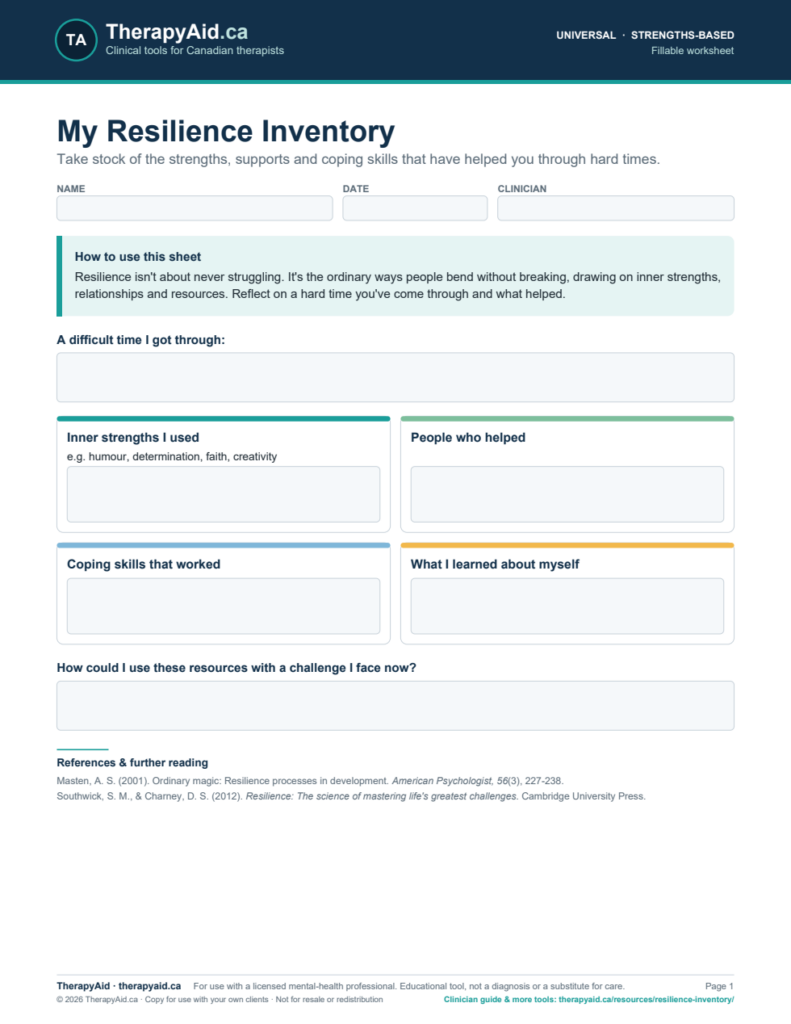 Preview of the My Resilience Inventory worksheet