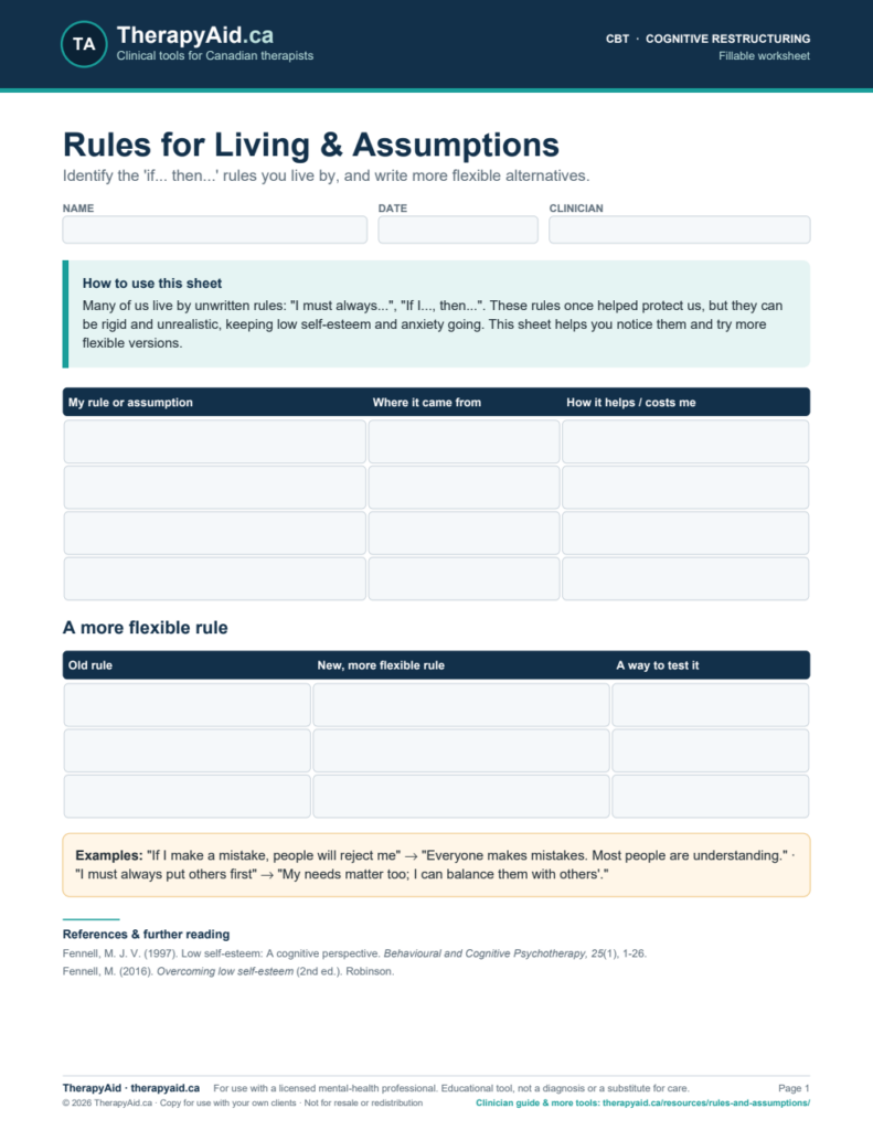 Preview of the Rules for Living & Assumptions worksheet