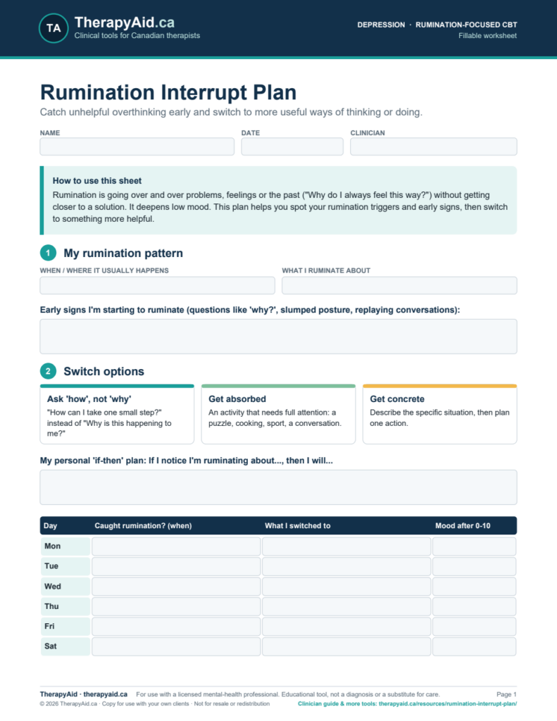 Preview of the Rumination Interrupt Plan worksheet
