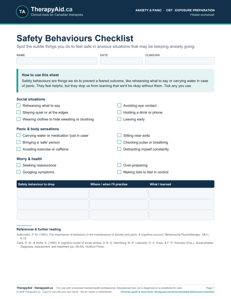 Preview of the Safety Behaviours Checklist worksheet