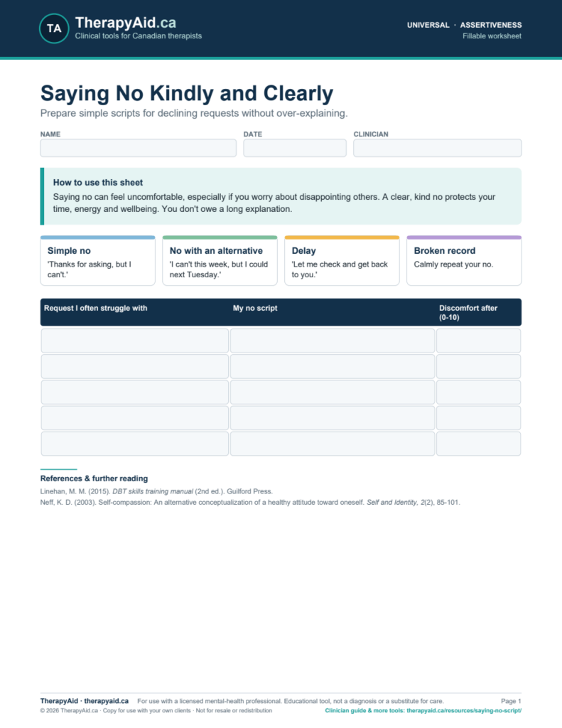 Preview of the Saying No Kindly and Clearly worksheet