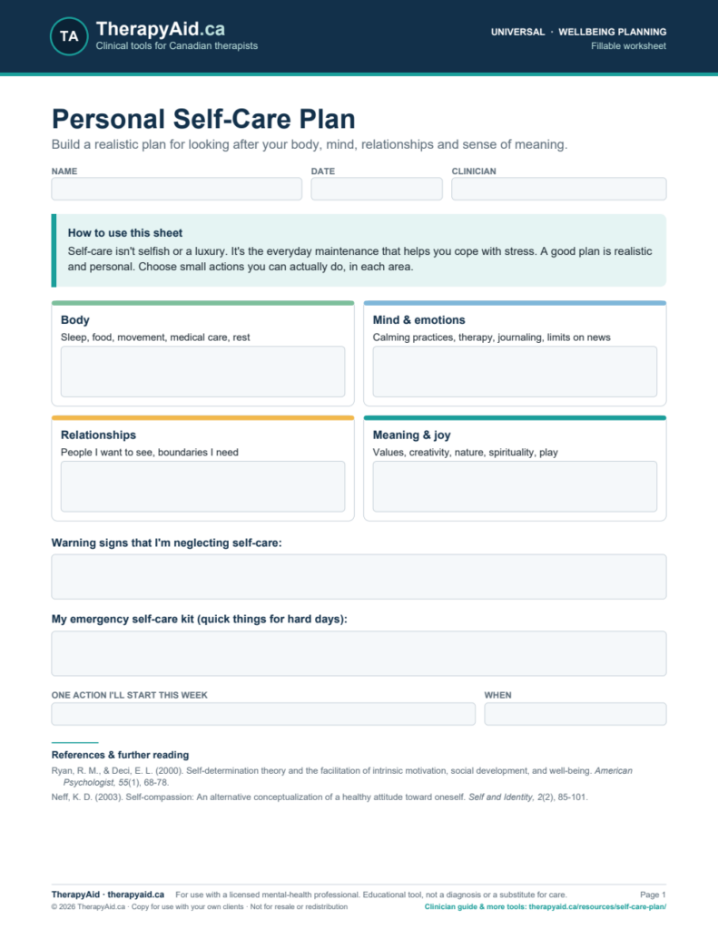 Preview of the Personal Self-Care Plan worksheet