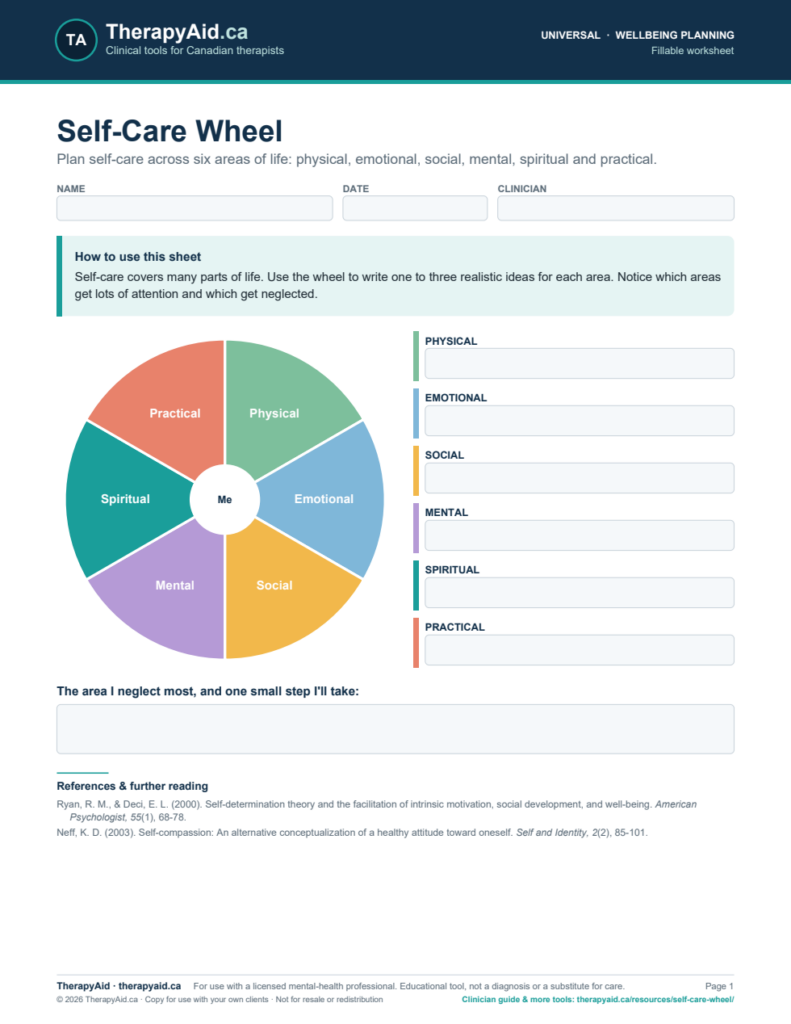 Preview of the Self-Care Wheel worksheet