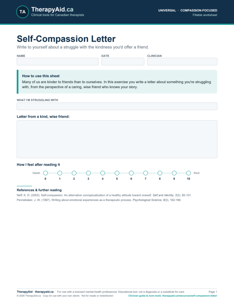 Preview of the Self-Compassion Letter worksheet