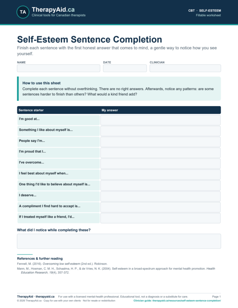 Preview of the Self-Esteem Sentence Completion worksheet
