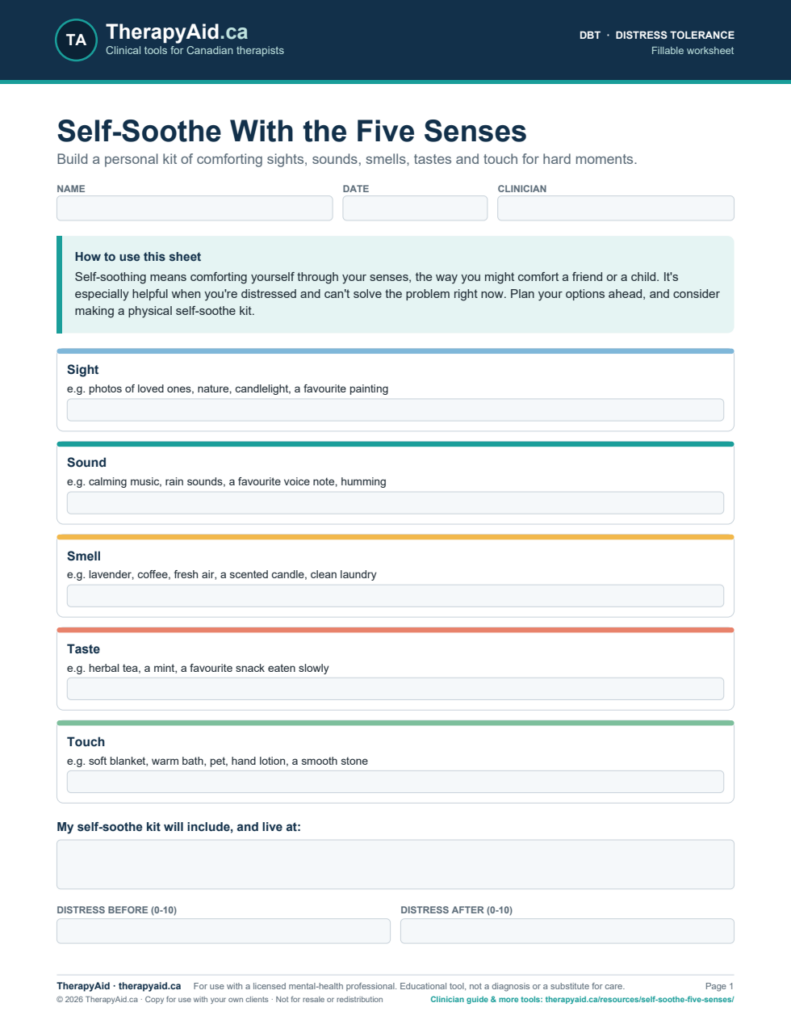 Preview of the Self-Soothe With the Five Senses worksheet