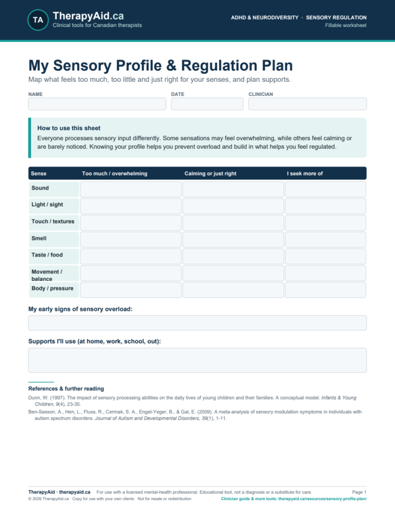 Preview of the My Sensory Profile & Regulation Plan worksheet