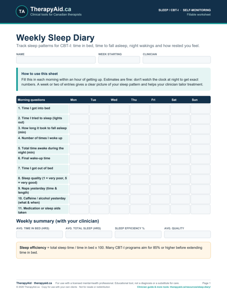 Preview of the Weekly Sleep Diary worksheet