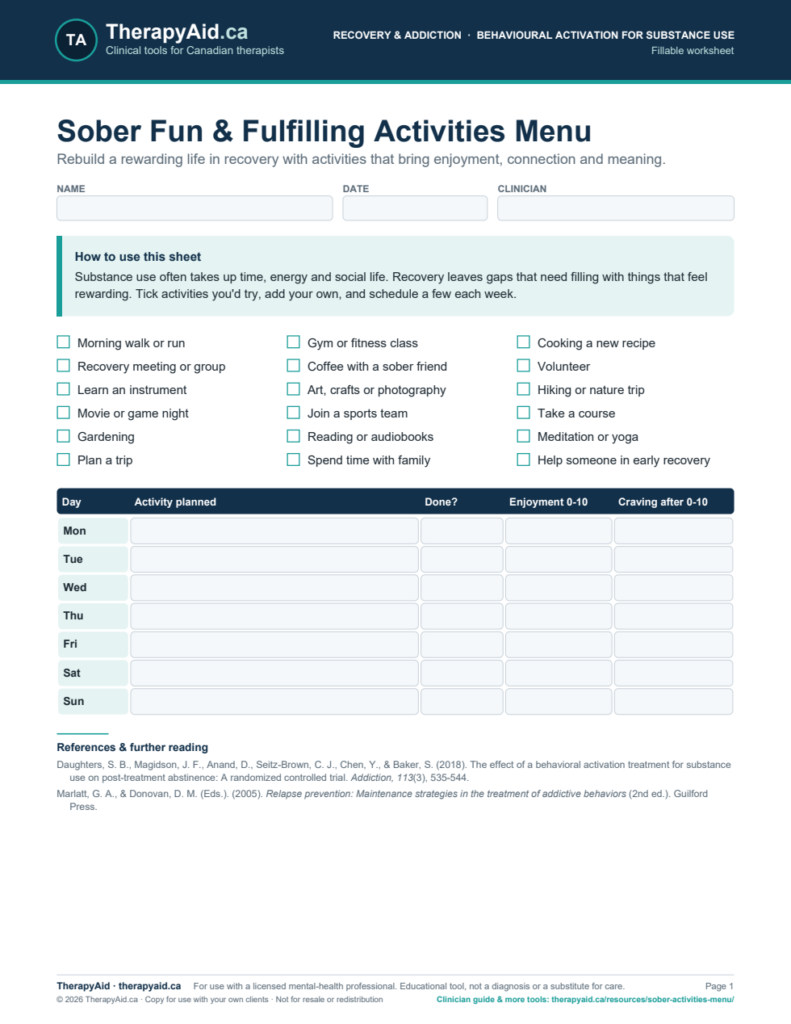 Preview of the Sober Fun & Fulfilling Activities Menu worksheet