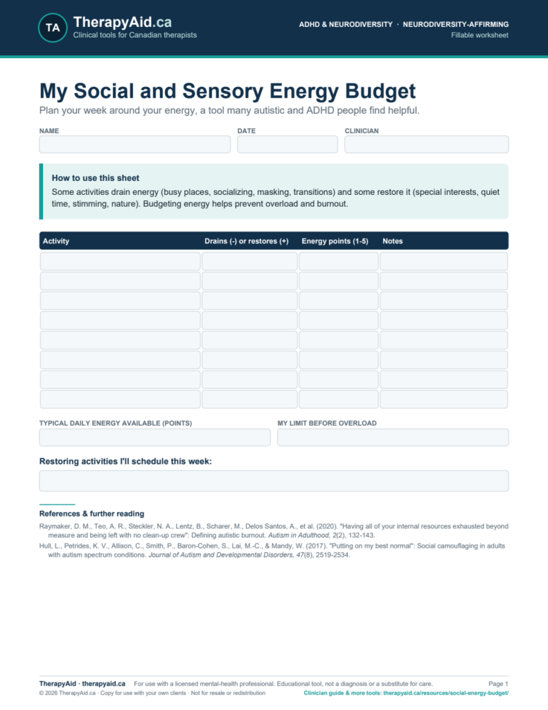 Preview of the My Social and Sensory Energy Budget worksheet