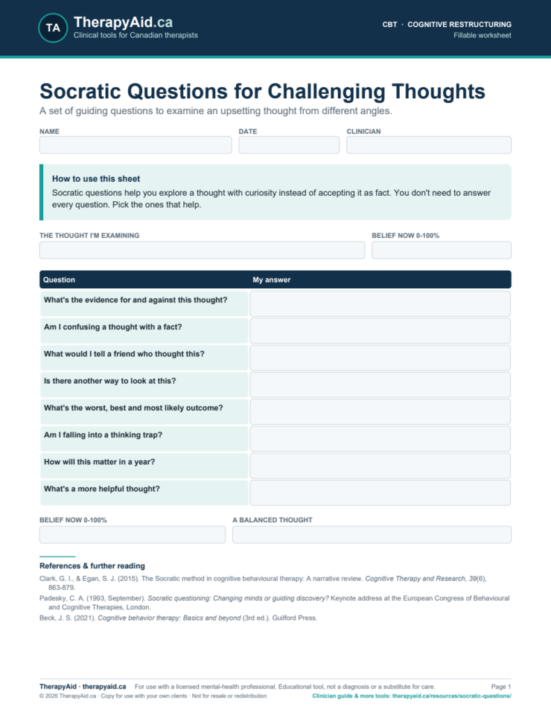 Preview of the Socratic Questions for Challenging Thoughts worksheet