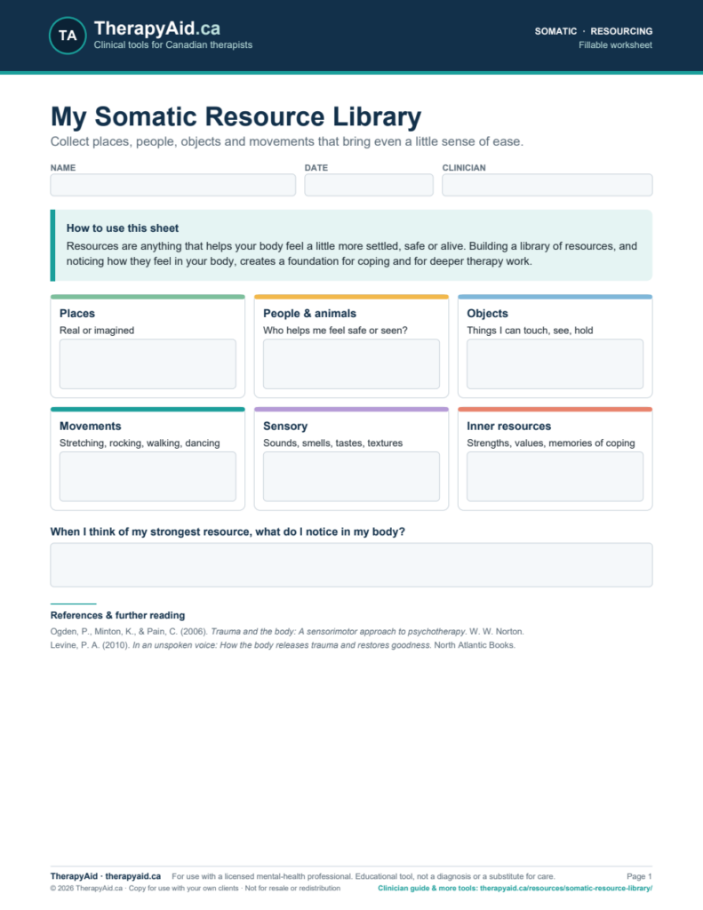 Preview of the My Somatic Resource Library worksheet