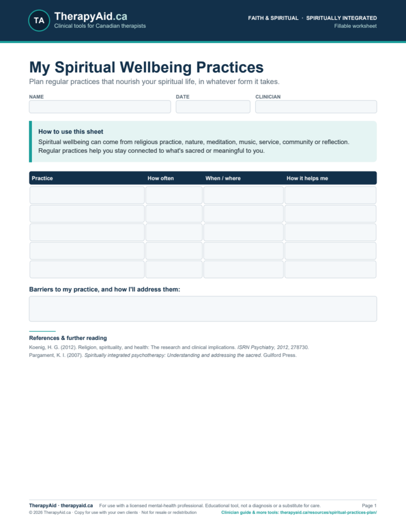 Preview of the My Spiritual Wellbeing Practices worksheet