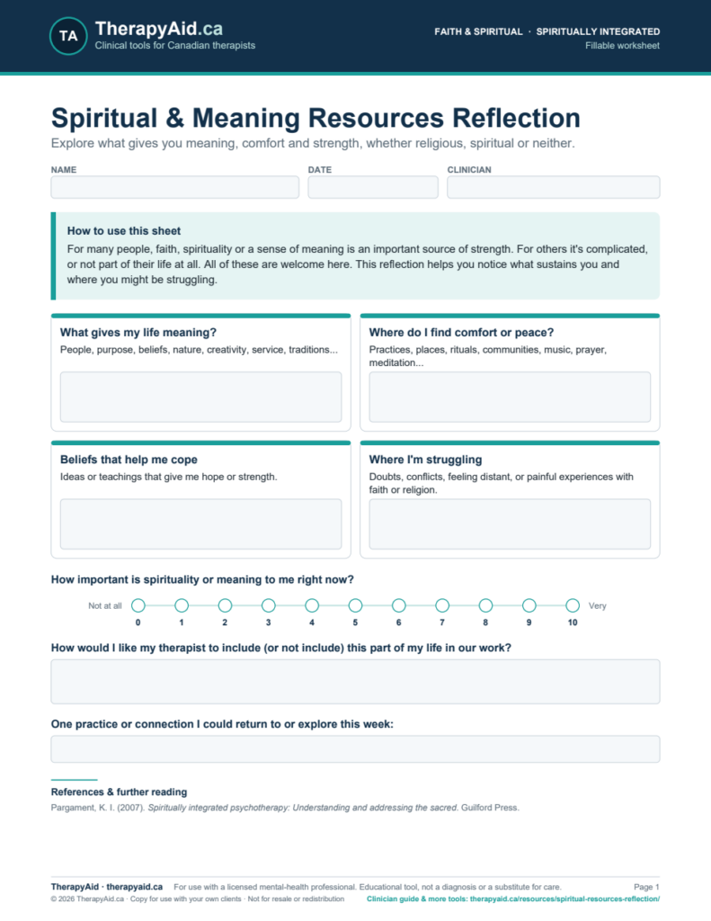Preview of the Spiritual & Meaning Resources Reflection worksheet