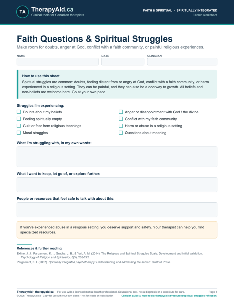 Preview of the Faith Questions & Spiritual Struggles worksheet
