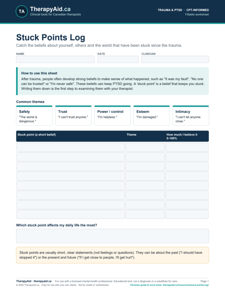 Preview of the Stuck Points Log worksheet