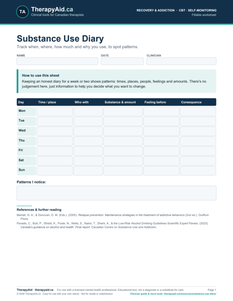 Preview of the Substance Use Diary worksheet