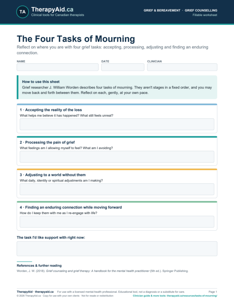 Preview of the The Four Tasks of Mourning worksheet