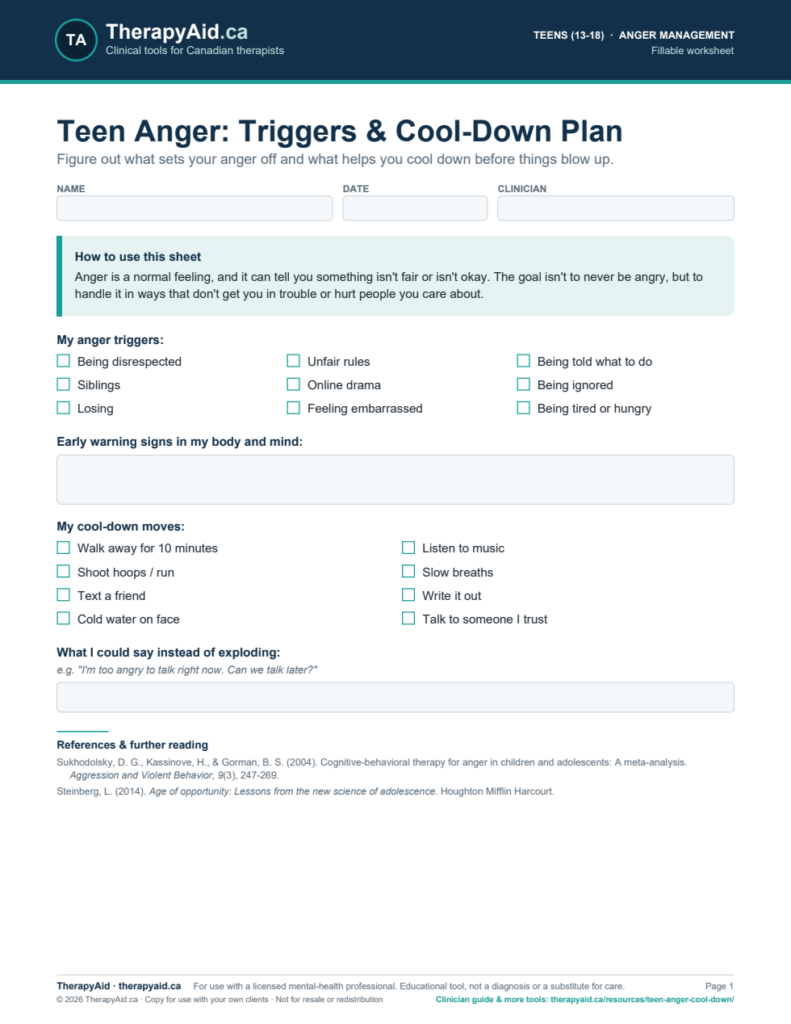 Preview of the Teen Anger: Triggers & Cool-Down Plan worksheet