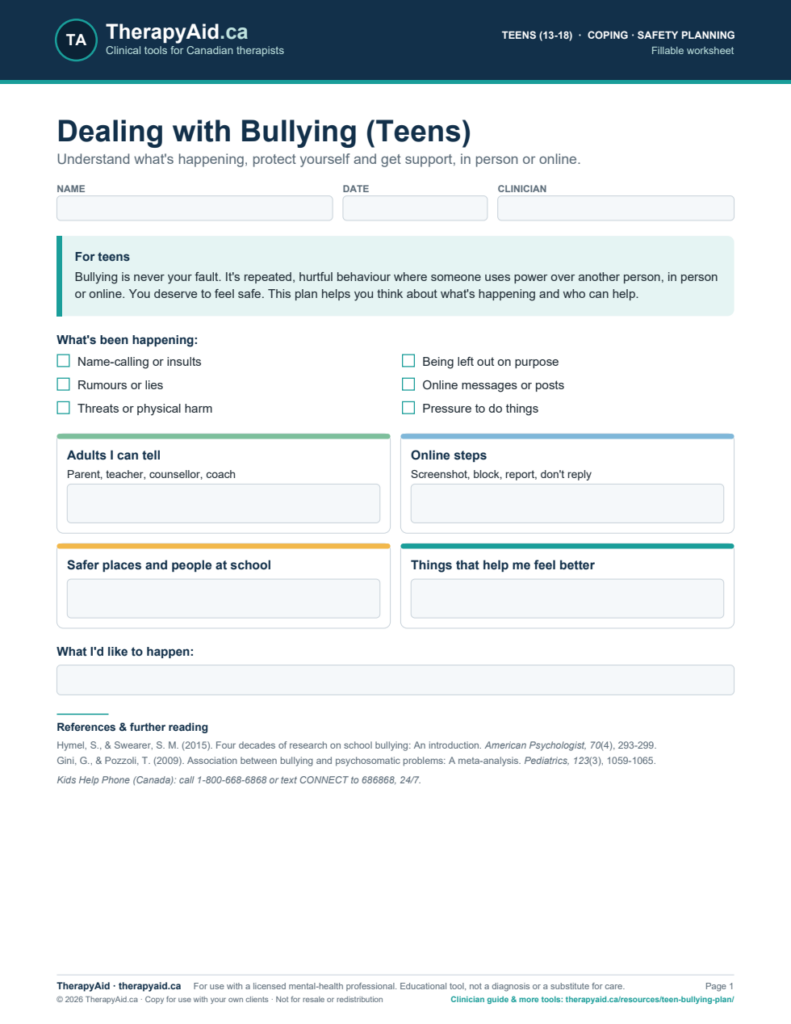 Preview of the Dealing with Bullying (Teens) worksheet