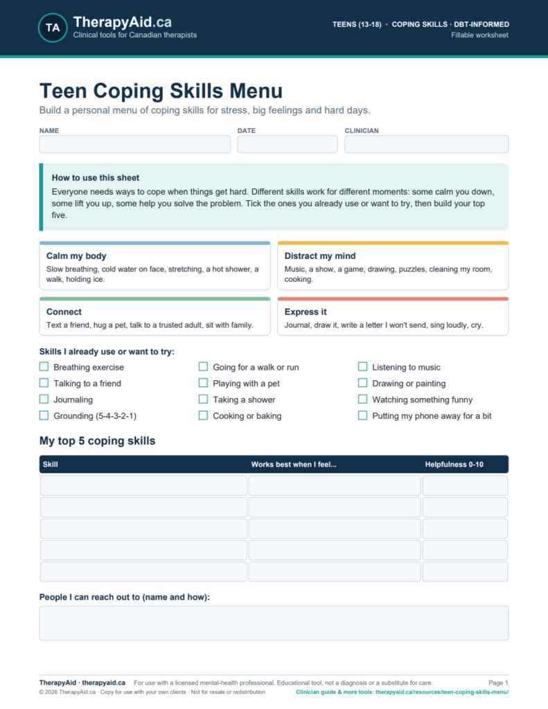 Preview of the Teen Coping Skills Menu worksheet
