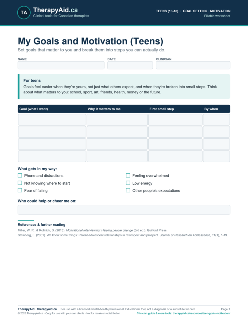 Preview of the My Goals and Motivation (Teens) worksheet