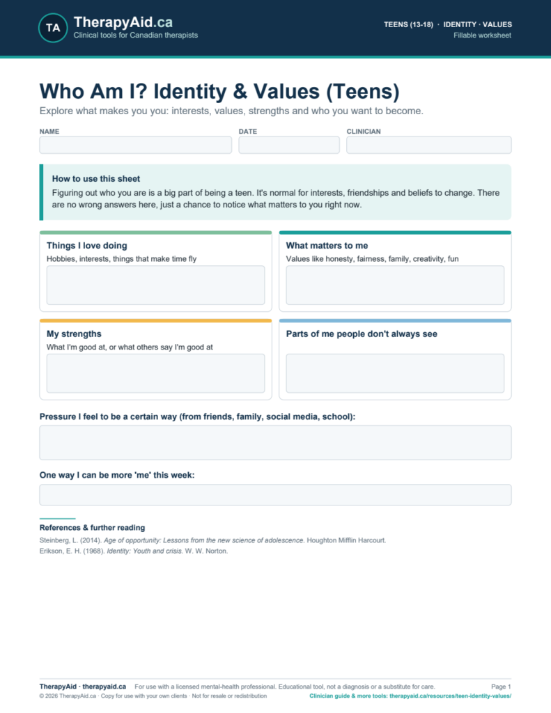 Preview of the Who Am I? Identity & Values (Teens) worksheet