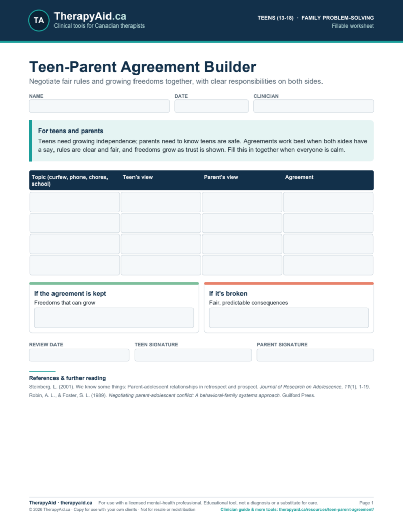 Preview of the Teen-Parent Agreement Builder worksheet