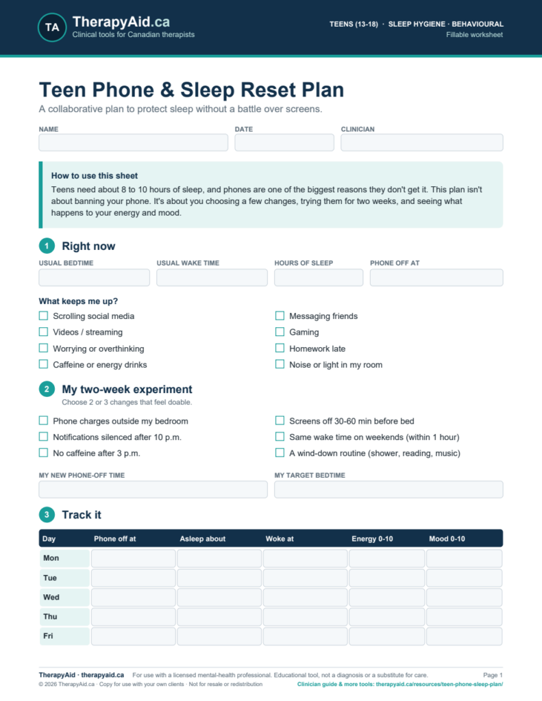 Preview of the Teen Phone & Sleep Reset Plan worksheet