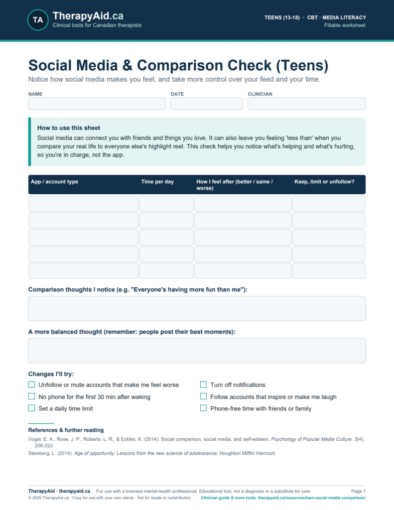 Preview of the Social Media & Comparison Check (Teens) worksheet