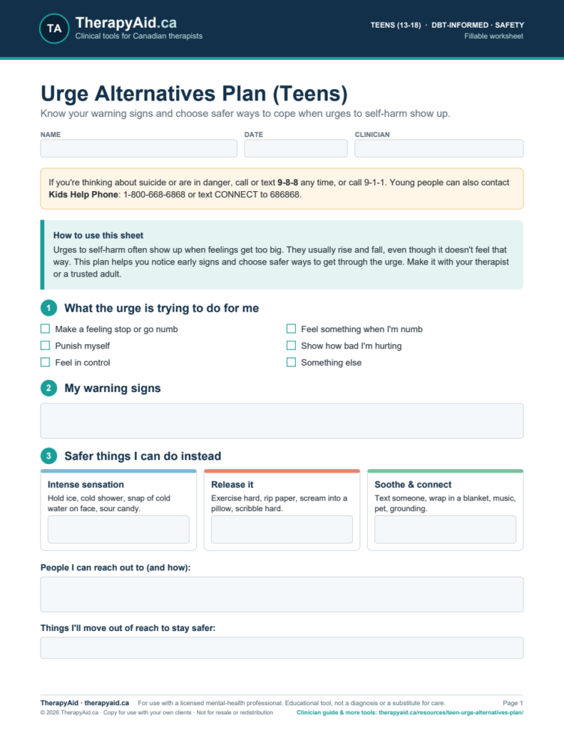 Preview of the Urge Alternatives Plan (Teens) worksheet