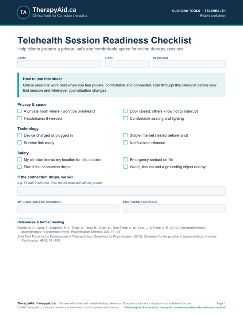Preview of the Telehealth Session Readiness Checklist worksheet
