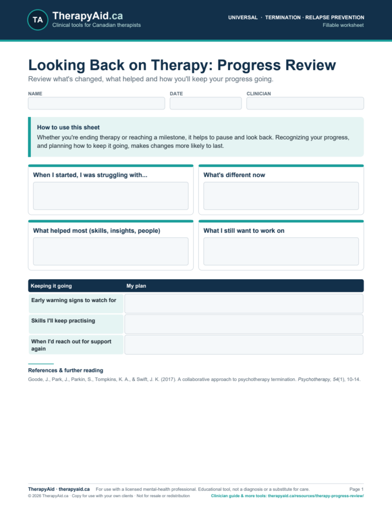 Preview of the Looking Back on Therapy: Progress Review worksheet
