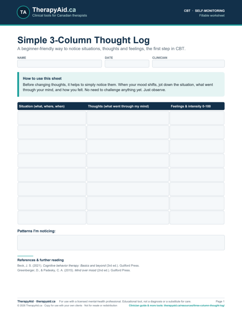 Preview of the Simple 3-Column Thought Log worksheet