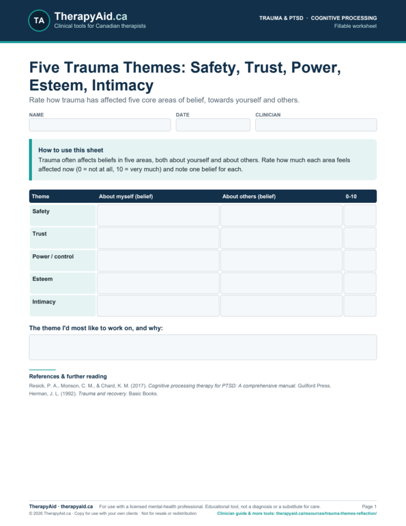 Preview of the Five Trauma Themes: Safety, Trust, Power, Esteem, Intimacy worksheet
