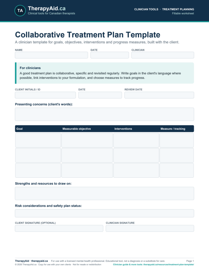 Preview of the Collaborative Treatment Plan Template worksheet